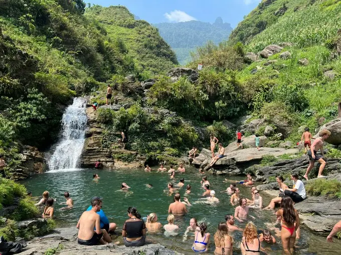 Du Gia Waterfall swim spot on the Ha Giang Loop jeep tour